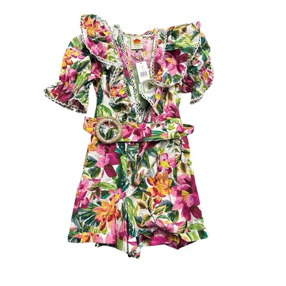 Farm Rio Painted Flowers Romper  Belted Floral Puff Sleeve Size Small New $250 - Picture 2 of 8